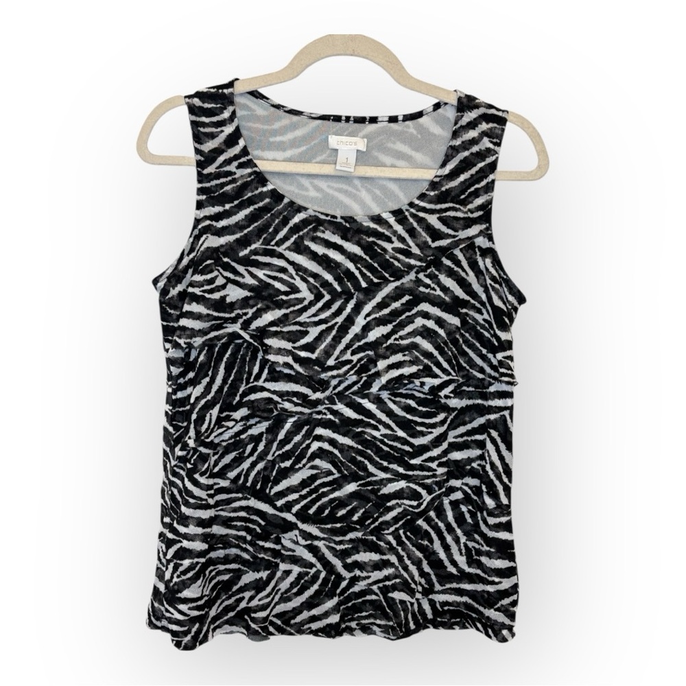 Chico’s Zebra Print Tank Black White Ruffle Sleeveless Top Y2K Size 1 Medium